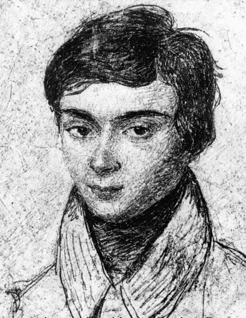 Évariste Galois - Portrait of Évariste Galois, young man in front of bust coating a redingote.
