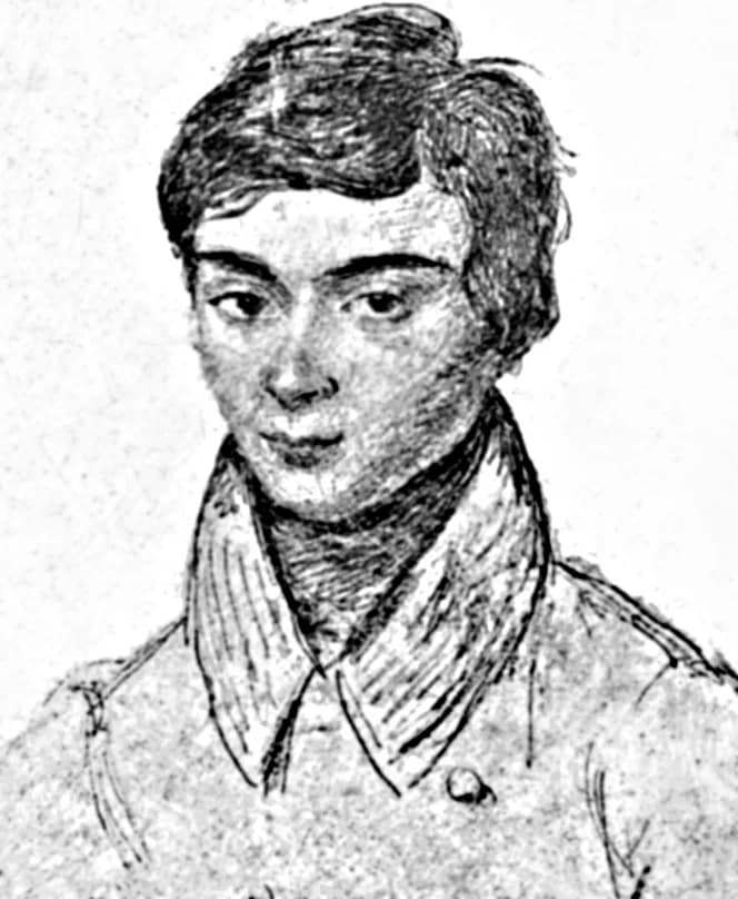 Évariste Galois - Portrait of Évariste Galois, young man in front of bust coating a redingote. Note: It is disputed if this picture is mirrored. Ref. de:Wikipedia:Grafikwerkstatt#Welches Bild ist spie