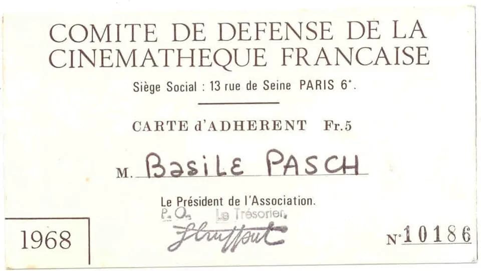 François Truffaut - Carte de Basile Pachkoff, dit Pasch, membre du Comité de défense de la Cinémathèque française en 1968 au moment de l'Affaire Langlois. La cotisation est de 5 francs. Le trésorier d