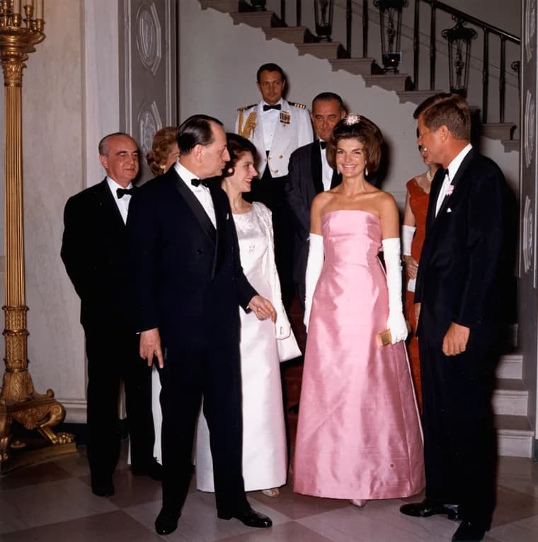 André Malraux - Dinner in honor of the Minister of State for Cultural Affairs of France. Front, L-R: Andre Malraux; Mme. Malraux; Mrs. Kennedy; President Kennedy. Back, L-R: Herve Alphand, Ambassador