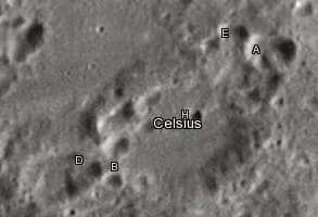 Anders Celsius - Celsius lunar crater as seen from 
Earth with satellite craters labeled