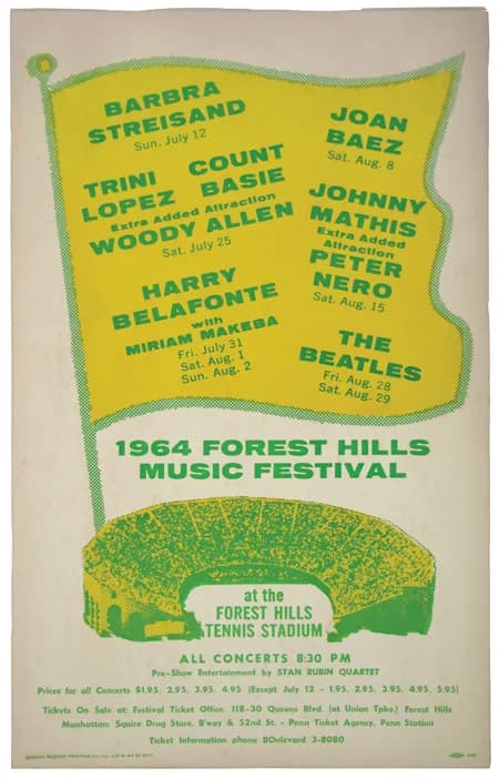 Miriam Makeba - Poster promoting several concerts held in the summer of 1964 at Forest Hills Tennis Stadium, Queens, New York.  Concerts headliners include Barbra Streisand, Count Basie, Woody Allen, 