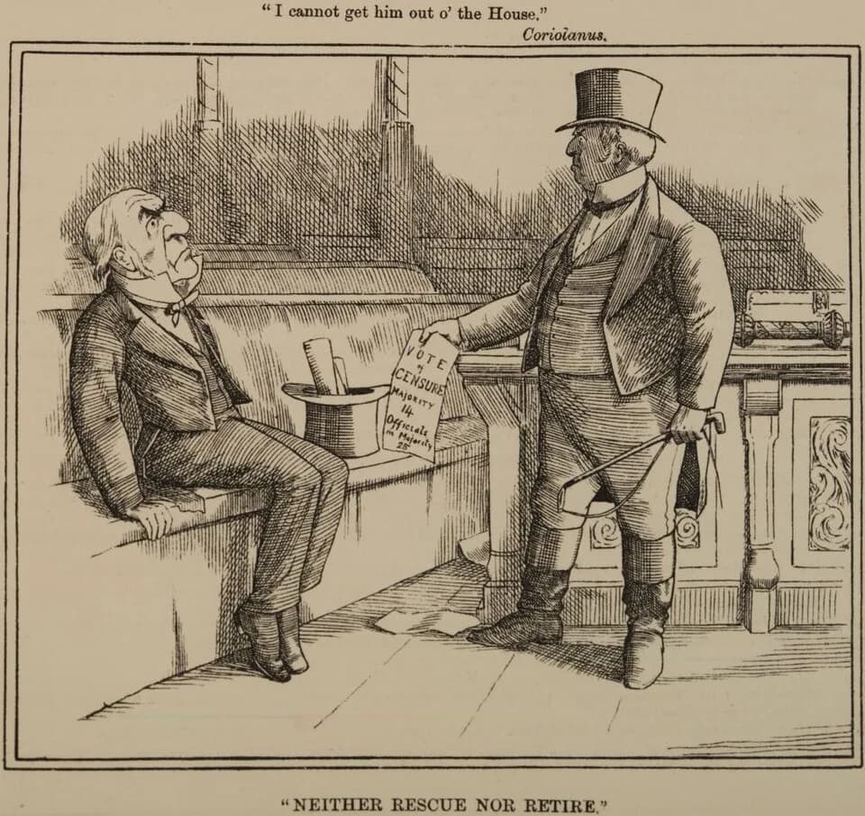 William Ewart Gladstone - An obstinate-looking man (W. E. Gladstone) sitting on a bench, with an angry man presenting him with a vote of censure.  Line drawing. Gladstone's government faced a vote of 