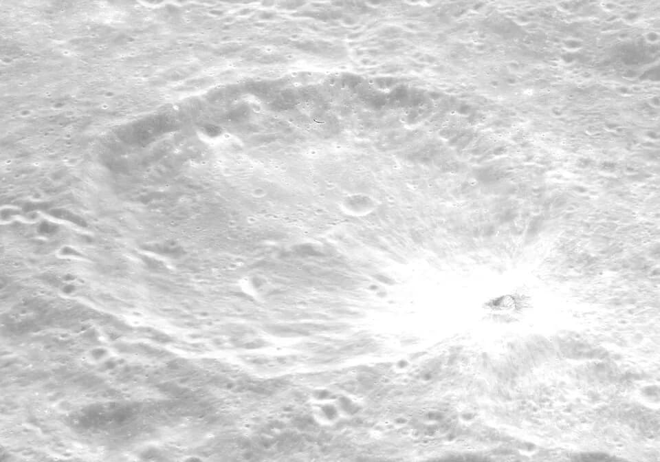 Maryam Mirzakhani - Oblique view of Gibbs crater, on the moon.  Taken by Apollo 17 panoramic camera during Trans-Earth Injection.  Rotated so foreground is at bottom, and brightness and contrast adjus