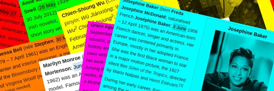 Josephine Baker - These are banners created for the #wikiwomeninred twitter page by Victuallers from wikipedia pages