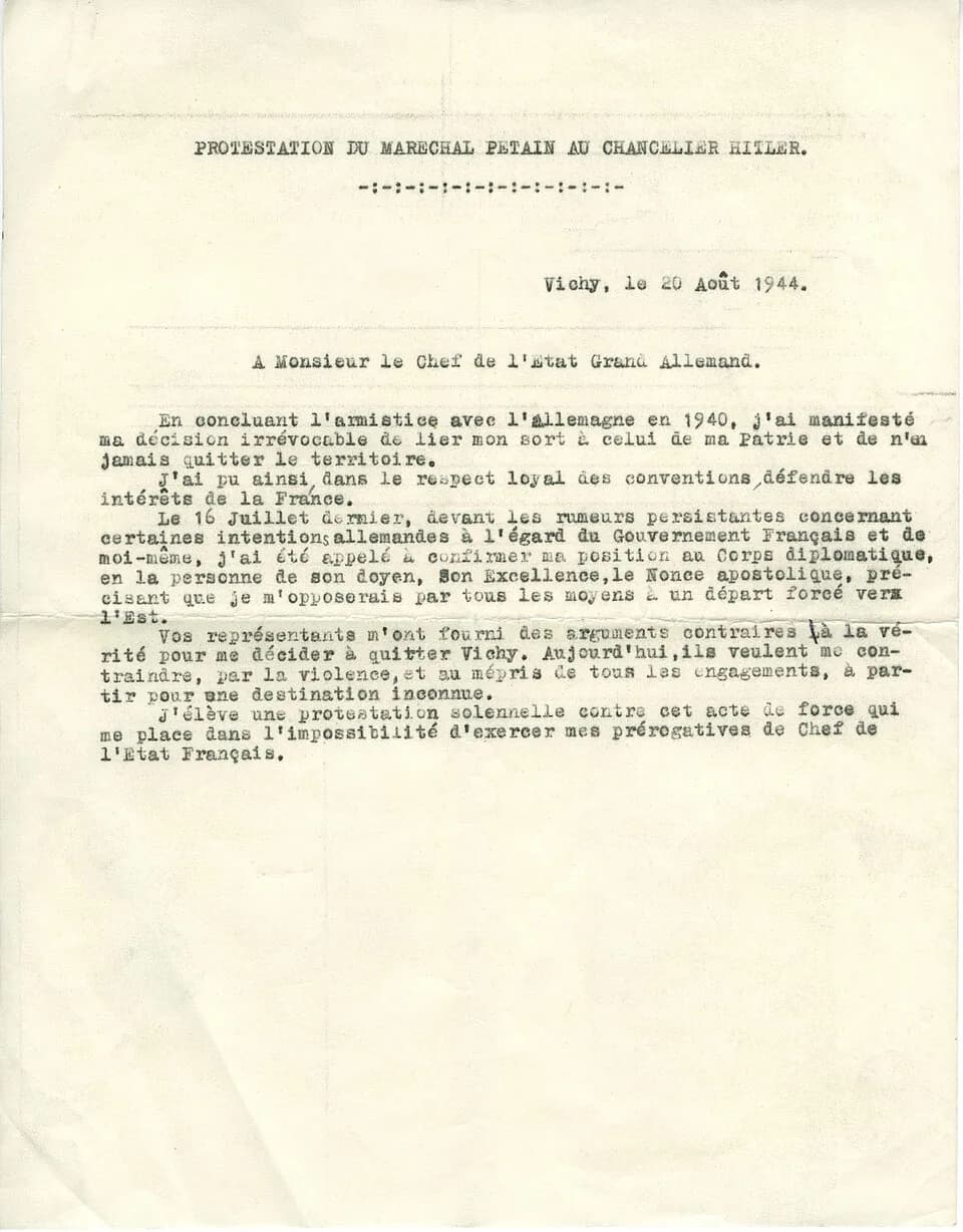 Philippe Pétain - Brouillon de la lettre de protestation du Maréchal Pétain au Chancelier Hitler