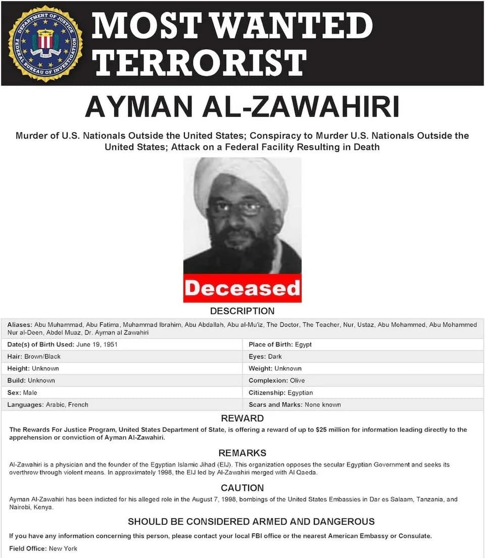 Ayman al-Zawahiri - August 1, 2022 screenshot of the FBI’s Most Wanted Terrorists page for Ayman Al-Zawahiri, marking him as deceased.