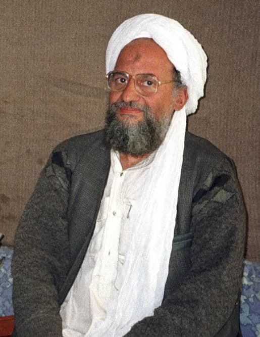 Ayman al-Zawahiri - Osama bin Laden sits with his adviser Ayman al-Zawahiri during an interview with Pakistani journalist Hamid Mir. Hamid Mir took this picture during his third and last interview wit