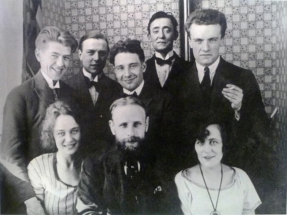 René Magritte - Belgian artists at the home of Victor Servranckx (June 1922); from left to right: (top) René Magritte, E.L.T. Mesens, Victor Servranckx, Pierre-Louis Flouquet, Pierre Bourgeois; (botto