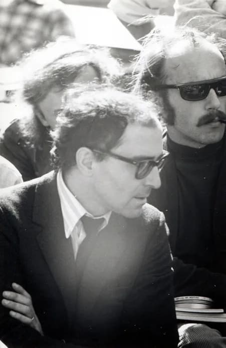 Jean-Luc Godard - Jean-Luc Godard and Tom Luddy (on the right) at Berkeley, 1968.