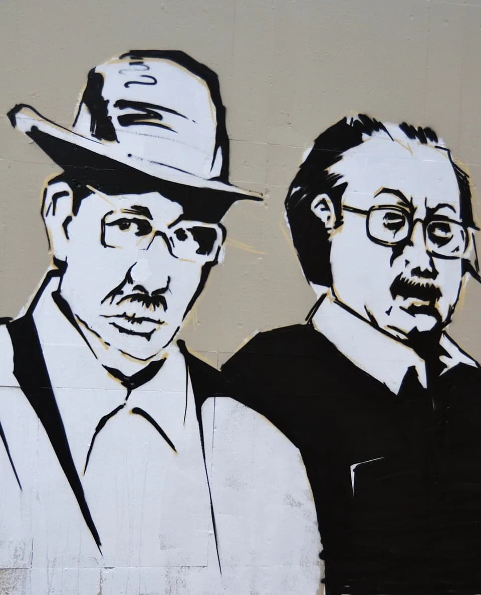 Joan Fuster - Enric Valor i Joan Fuster al mural de la facultat de Filosofia, València.