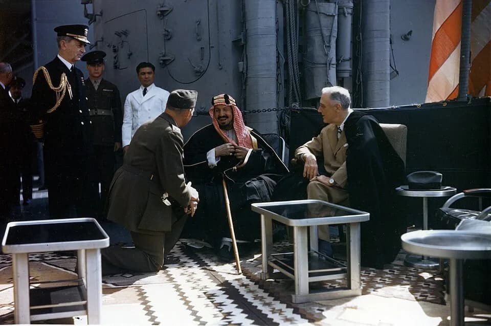 Ibn Saud - The U.S. President Franklin D. Roosevelt meets with King Ibn Saud, of Saudi Arabia, on board the U.S. Navy heavy cruiser USS Quincy (CA-71) in the Great Bitter Lake, Egypt, on 14 February 1