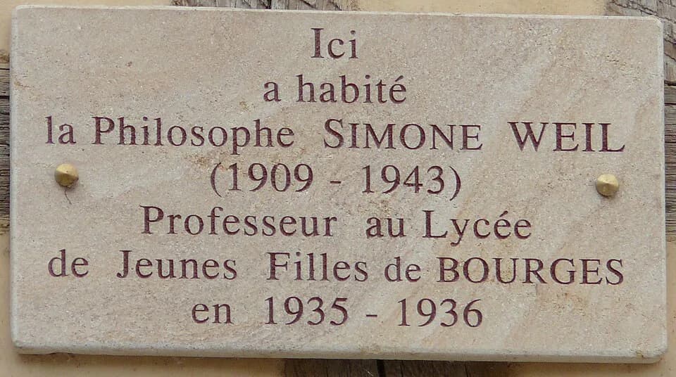 Simone Weil - Bourges - 7 place Gordaine - Plaque commémorative Simone Weil (1909-1943) professeur à Bourges en 1935-1936