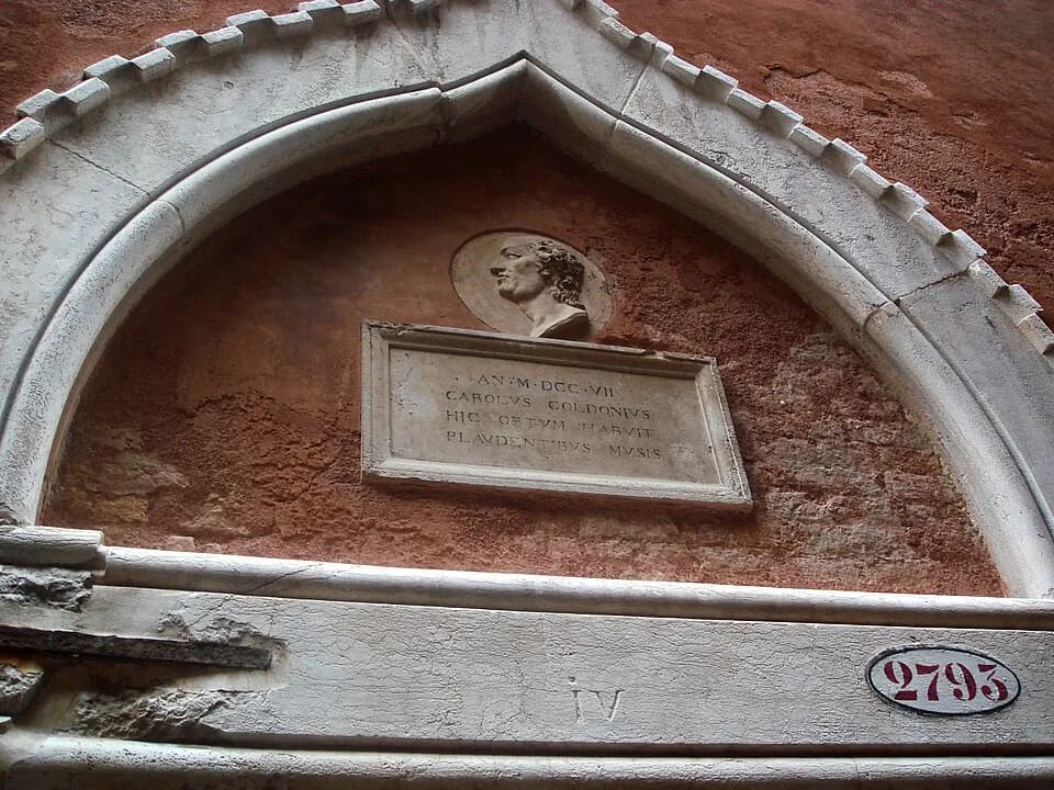 Carlo Goldoni - Plaque and portrait above the portal of Palazzo Centani, in Venice, reminding that the building was birthplace (in 1708) and home of Venetian playwright Carlo Goldoni. Today it is a mu