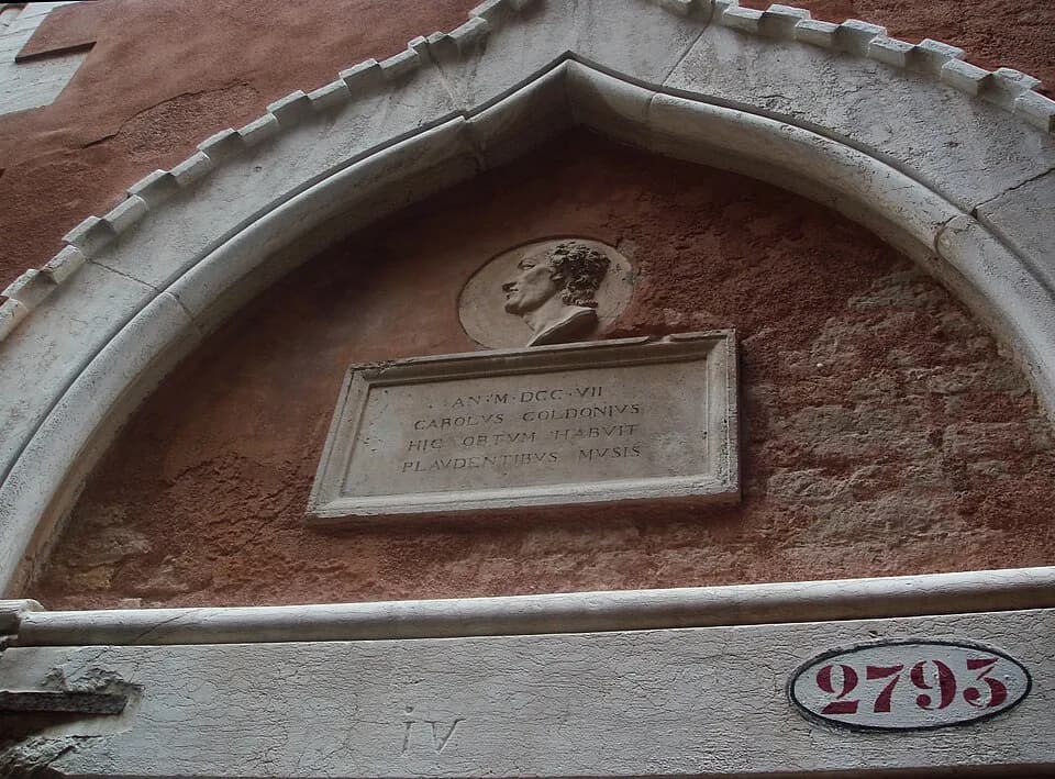 Carlo Goldoni - Plaque and portrait above the portal of Palazzo Centani, in Venice, reminding that the building was birthplace (in 1708) and home of Venetian playwright Carlo Goldoni. Today it is a mu