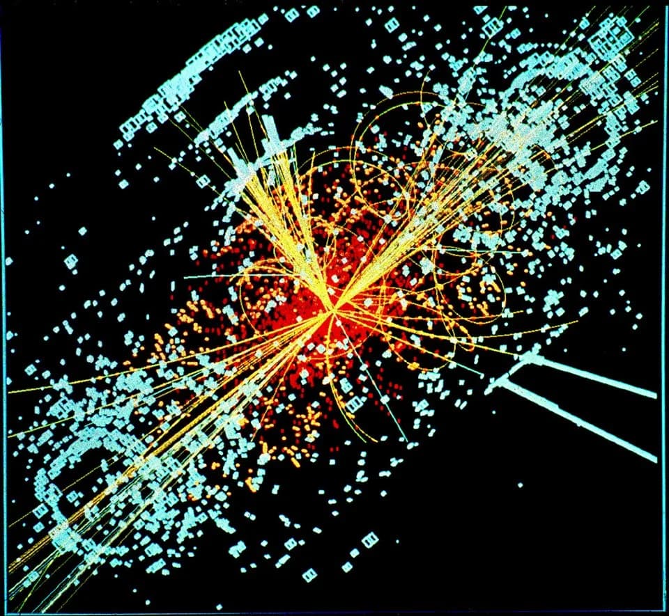 Peter Higgs - An example of simulated data modeled for the CMS particle detector on the Large Hadron Collider (LHC) at CERN. Here, following a collision of two protons, a Higgs boson is produced which