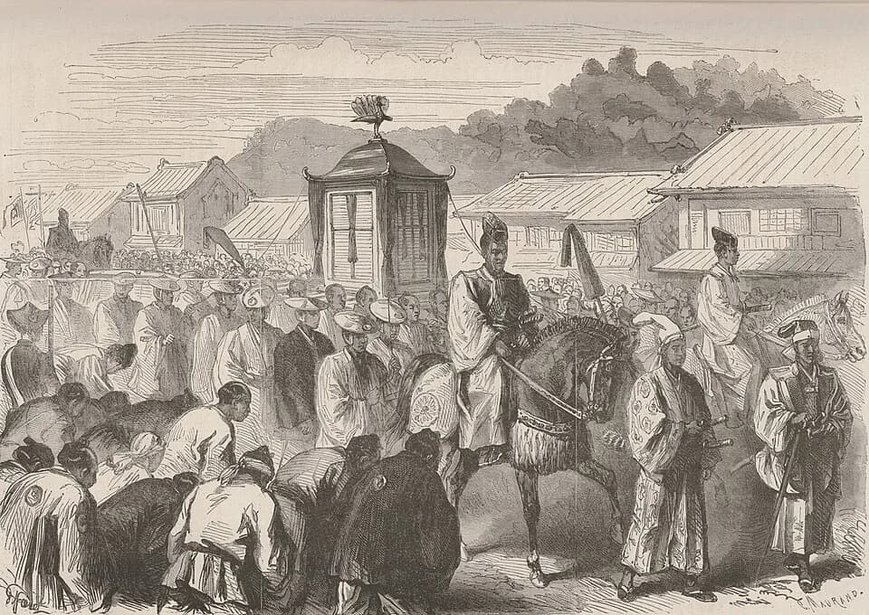 Emperor Meiji - The palanquin and procession of Emperor Meiji moving from Kyoto to Tokyo through the Tokaido road. Drawing published on the 20 February 1869 issue of "Le Monde Illustré", after a croqu
