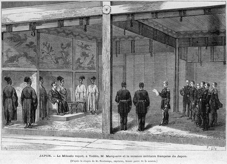 Emperor Meiji - Reception by the Emperor of Japan (Mikado) of the Second French Military Mission to Japan, led by Marquerie, in 1872.