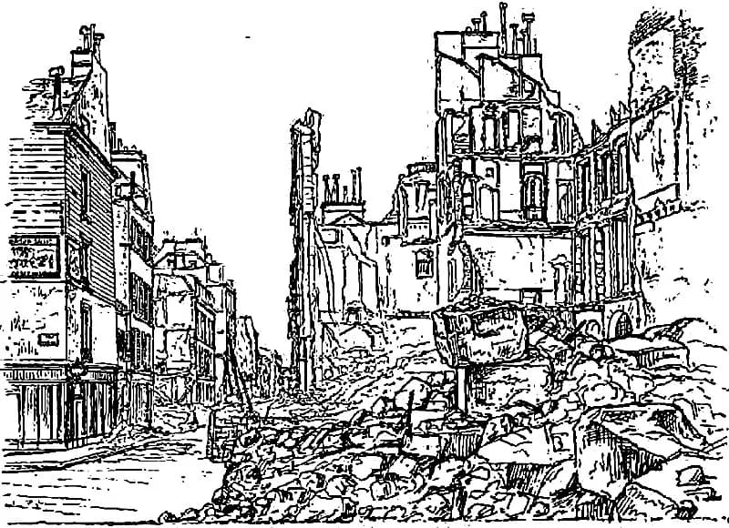 Prosper Mérimée - Maison de Mérimée, 52 rue de Lille à Paris, en ruines après un incendie pendant la Commune en 1871.