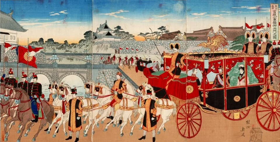 Emperor Meiji - Procession outside Tokyo Imperial Palace with Emperor Meiji and his consort.