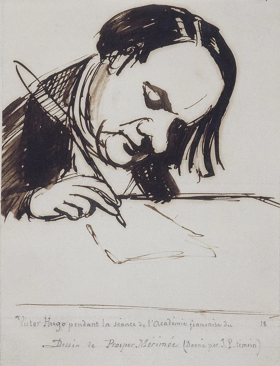 Prosper Mérimée - Victor Hugo écrivant à la plume pendant une séance de l'Académie française. Dessin à l'encre brune de Mérimée.
