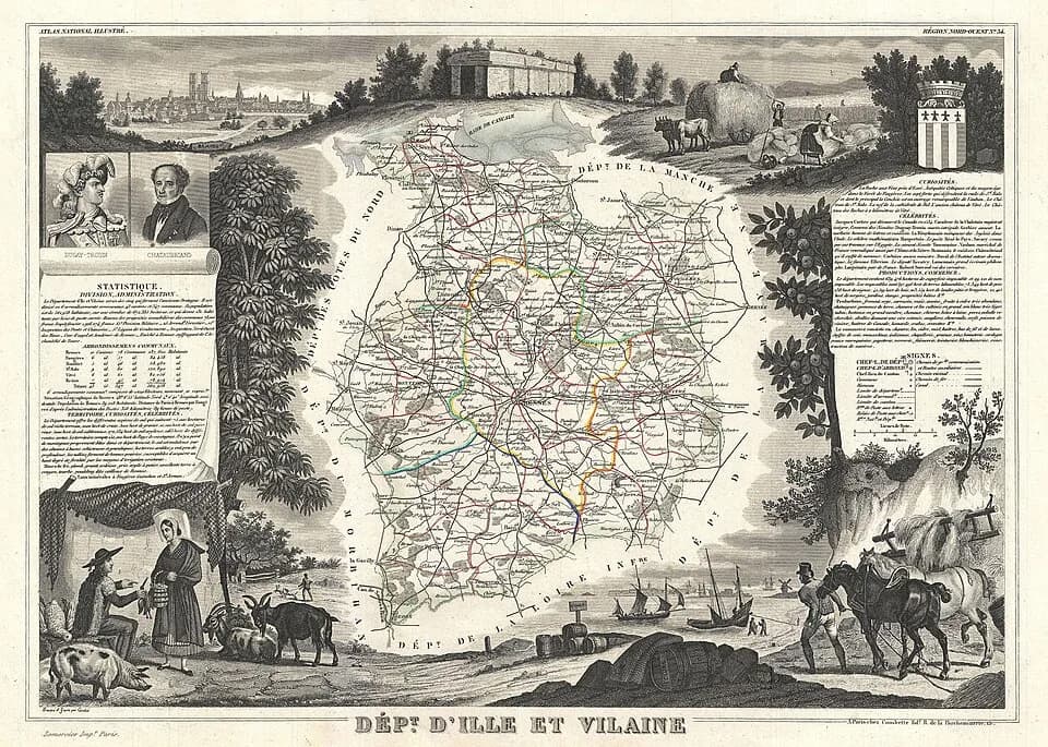François-Auguste-René de Chateaubriand - This is a fascinating 1852 map of the French department of Ille et Vilaine. France.  Its coastal area is famous for its seafood, and especially its oysters.  T