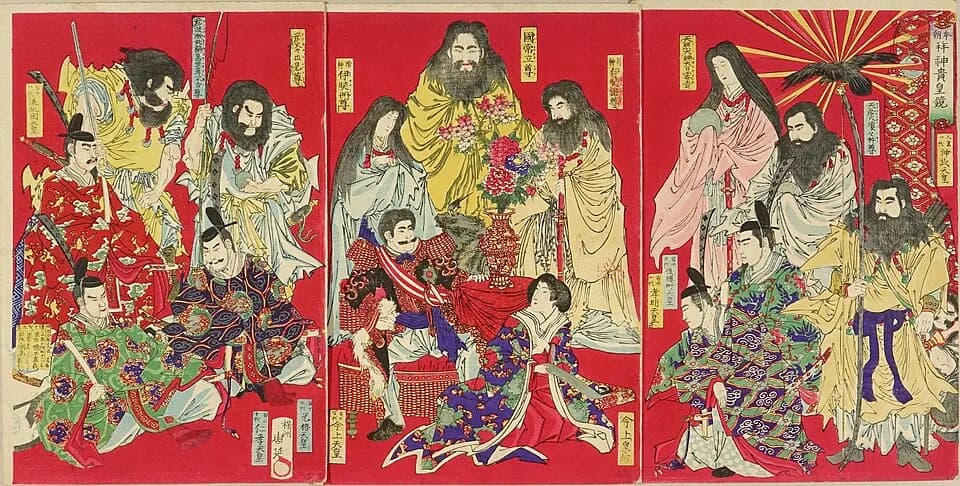 Emperor Meiji - This 1878 engraving by Toyohara Chikanobu (1838 - 1912) visually presents the central tenet of State Shinto (1871-1946). This Shinto variant asserted and promoted belief in the divinit