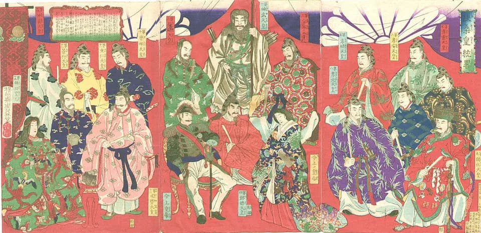 Emperor Meiji - Imperial Lineage, by Chikanobu Toyohara (1838-1912), published by Enomoto Tobei. 3 Prints depicting the imperial lineage from the first Emperor Jimmu (middle with bow and arrows) to th