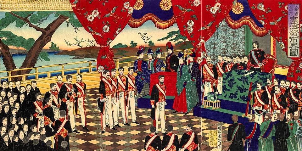Emperor Meiji - It is The ukiyoe "憲法発布略図"（Meiji Constitution promulgation)