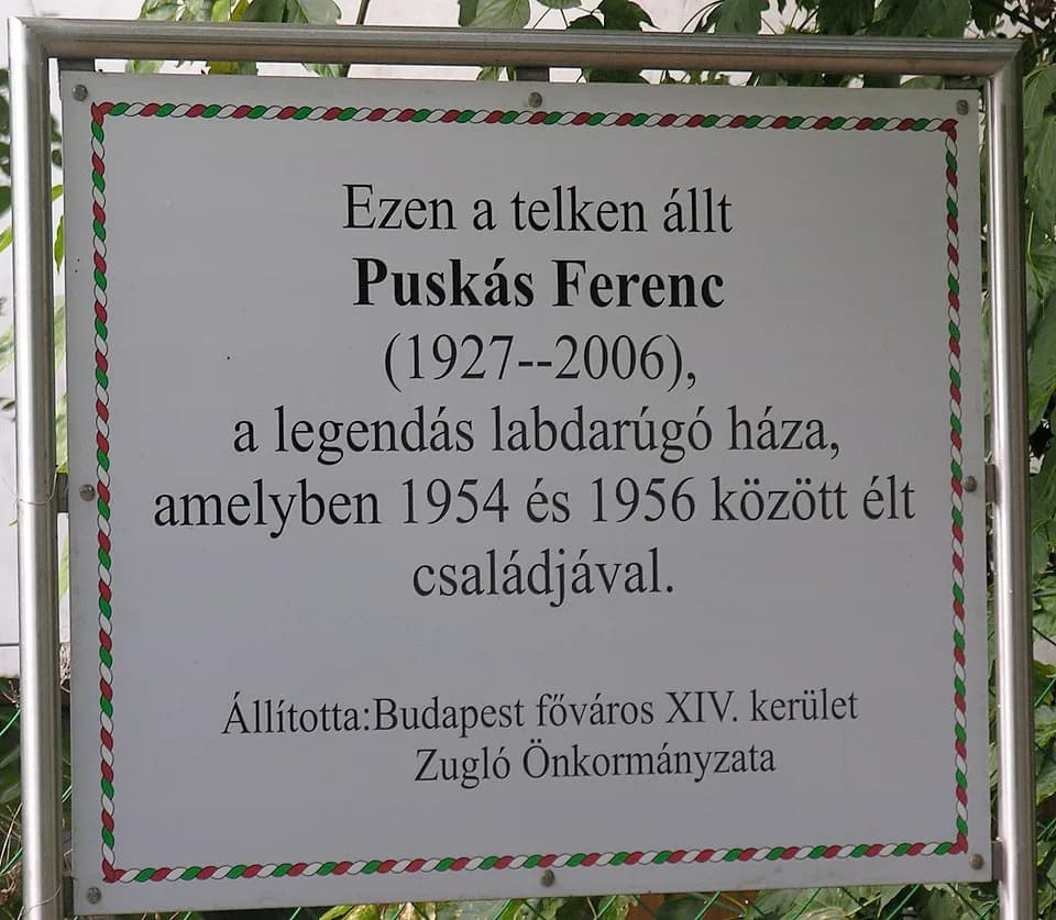 Ferenc Puskás - Commemorative plaque of Ferenc Puskás, Budapest District XIV, Columbus Street 57/a