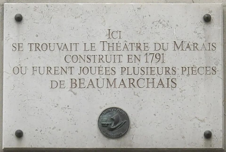 Pierre Beaumarchais - Plaque commémorative, 11 rue de Sévigné, Paris 4e. « Ici se trouvait le Théâtre du Marais, construit en 1791, où furent jouées plusieurs pièces de Beaumarchais. »