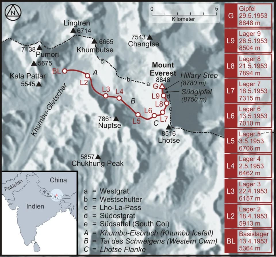 Tenzing Norgay - Karte der Route der Erstbesteigung des Mount Everest durch Edmund Hillary und Tenzing Norgay