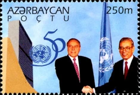 Boutros Boutros-Ghali - A printing is offset on chalk-overlay paper with glue. Perforation: 14. Size of the stamp: 42,6x28,5 mm. There are 9(3x3) stamps in the sheet. Multicoloured.
N 347 - 250 m. The