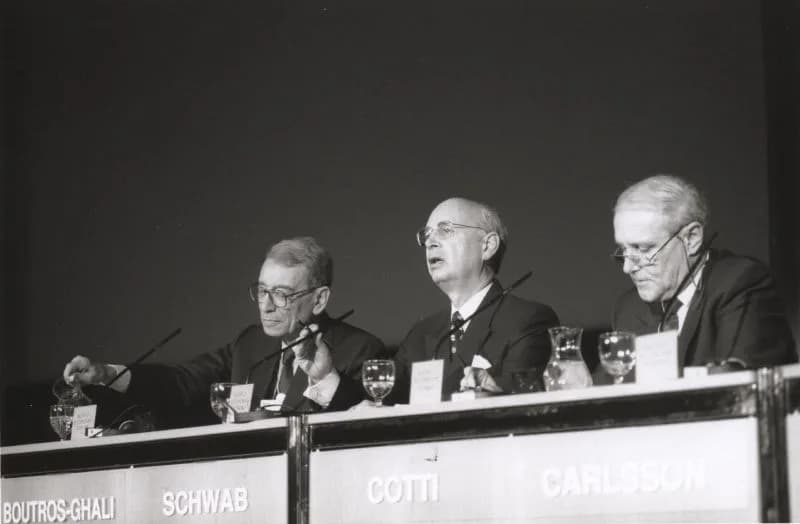 Boutros Boutros-Ghali - Boutros Boutros-Ghali (left), Secretary-General of the United Nations, Klaus Schwab (middle), founder and president of the World Economic Forum, and Flavio Cotti, member of the