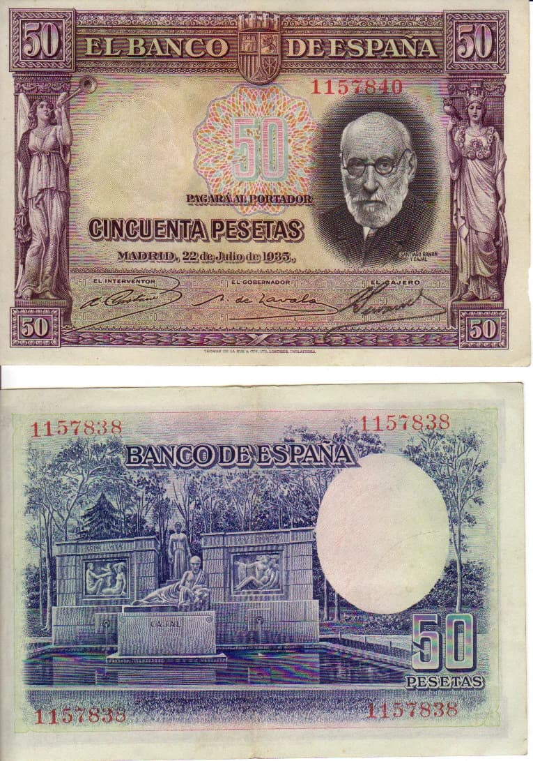 Santiago Ramón y Cajal - Spanish republic, bank note 50 peseta, observe and reverse

Scan from own collection