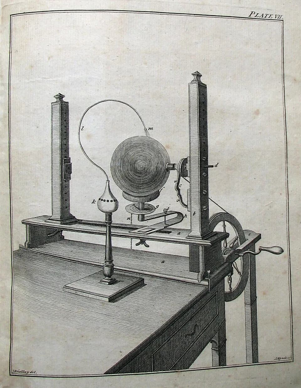 Joseph Priestley - The 7th plate from the 1st edition (1768) of Joseph Priestley's A Familiar Introduction to the Study of Electricity, depicting an electrical machine designed by Priestley