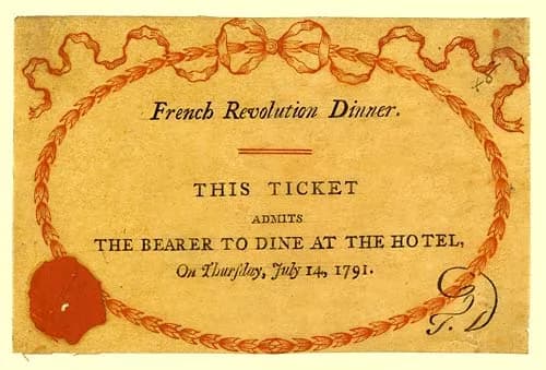 Joseph Priestley - Ticket for the "French Revolution Dinner", Royal Hotel, Birmingham, England 14 July 1791. The Dinner began the chain of events which led to the Priestley Riots. The Ticket admits th