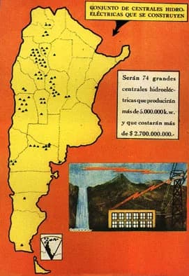 Juan Perón - Propaganda del Primer Plan Quinquenal.
Conjunto de centrales hidroeléctricas que se construirán.
