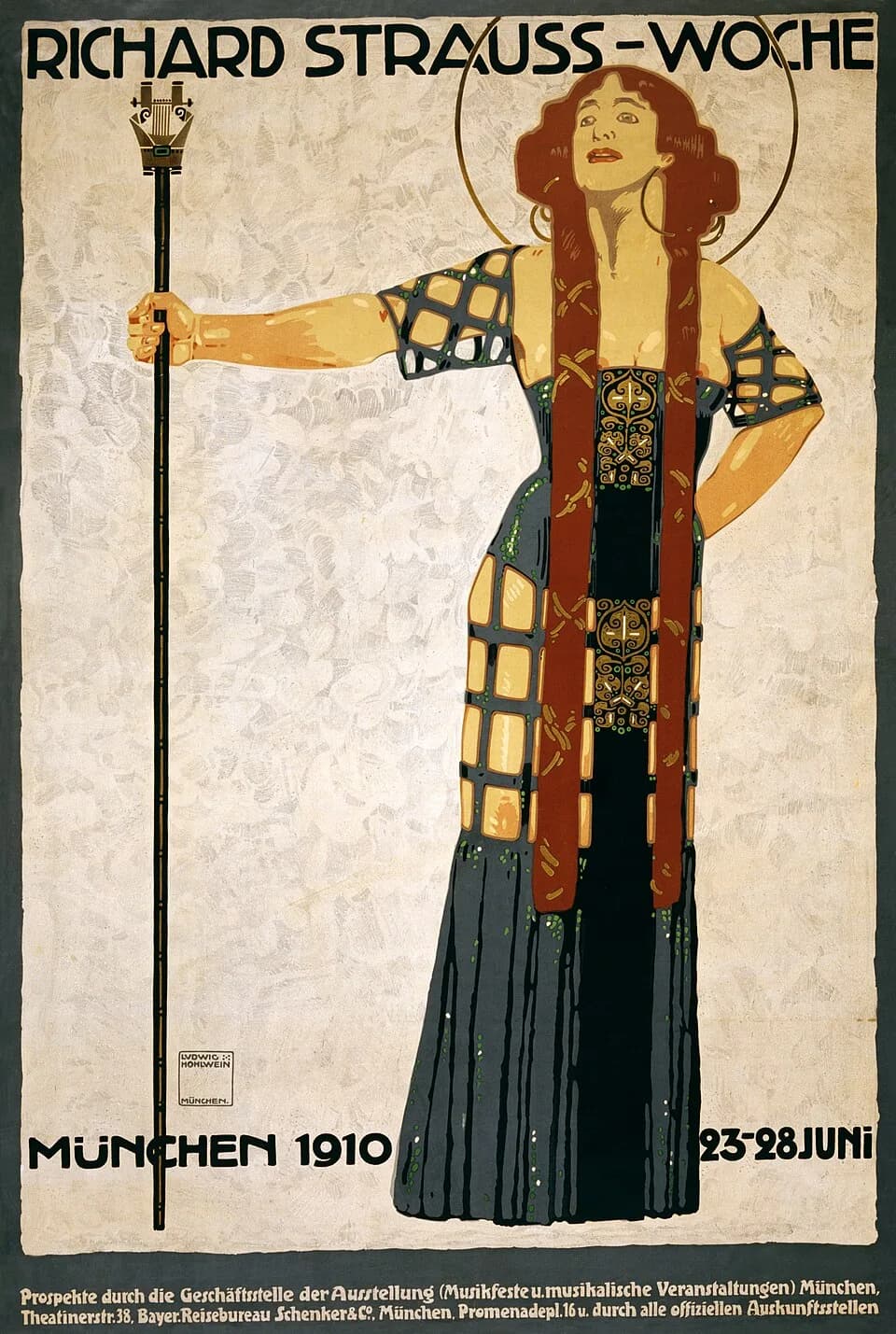 Richard Strauss - Richard Strauss-Woche. München 1910, 23–28 Juni. Poster by Ludwig Hohlwein for a week-long festival of music by Richard Strauss, showing a woman (Salome?) holding a tall staff. Color