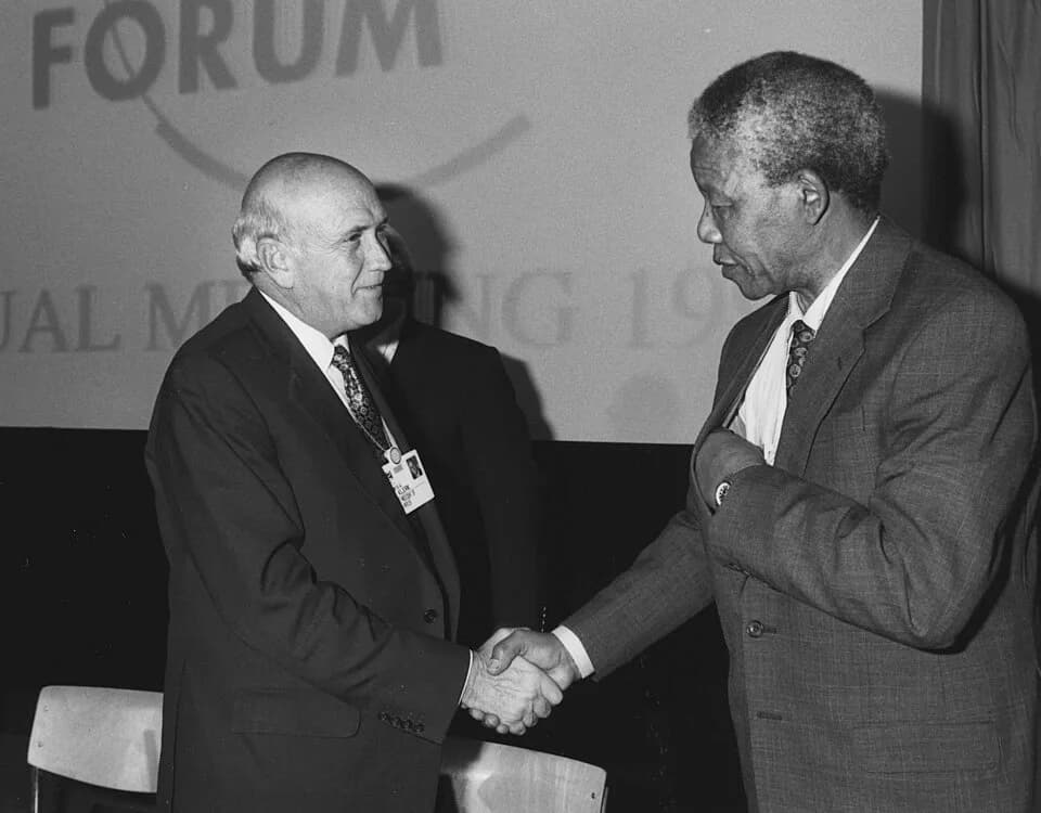 F. W. de Klerk - Frederik de Klerk and Nelson Mandela shake hands at the Annual Meeting of the World Economic Forum held in Davos in January 1992

Copyright World Economic Forum (www.weforum.org)