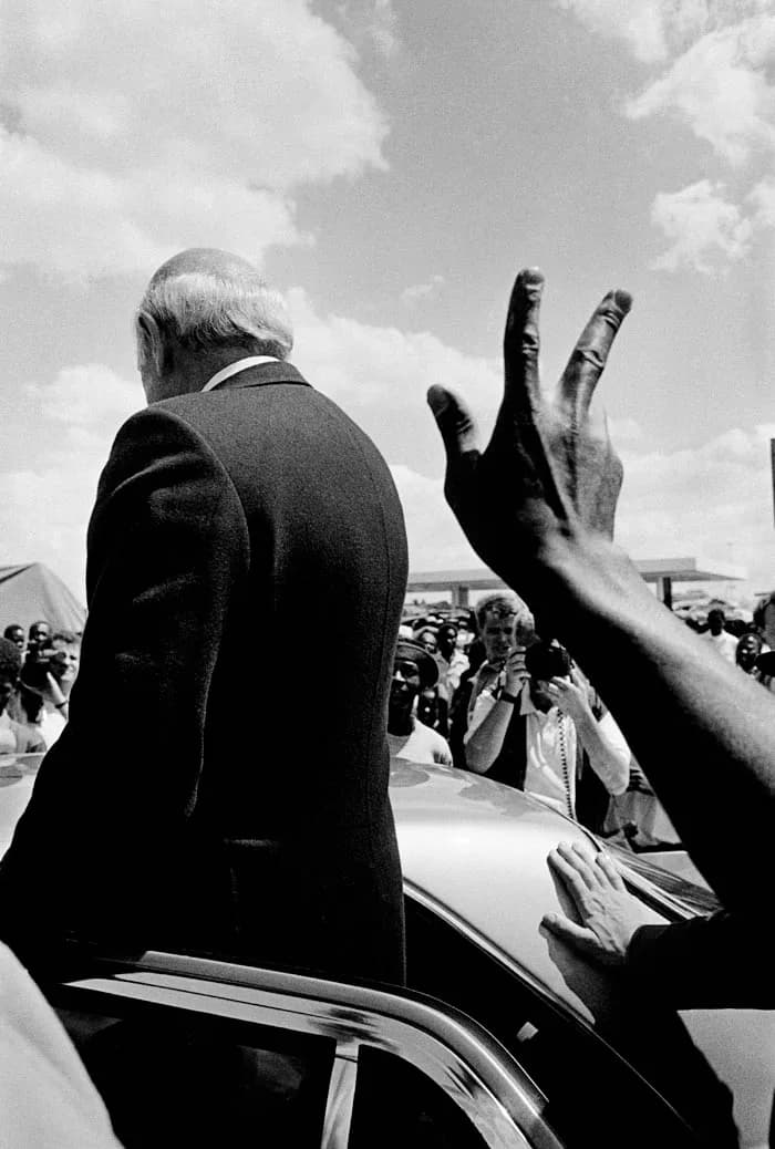 F. W. de Klerk - President F W de Klerk campaigns in Soweto, 1994. Part of the collection from Paul Weinberg that makes up the photographic book Travelling Light and was also part of the Then and Now 