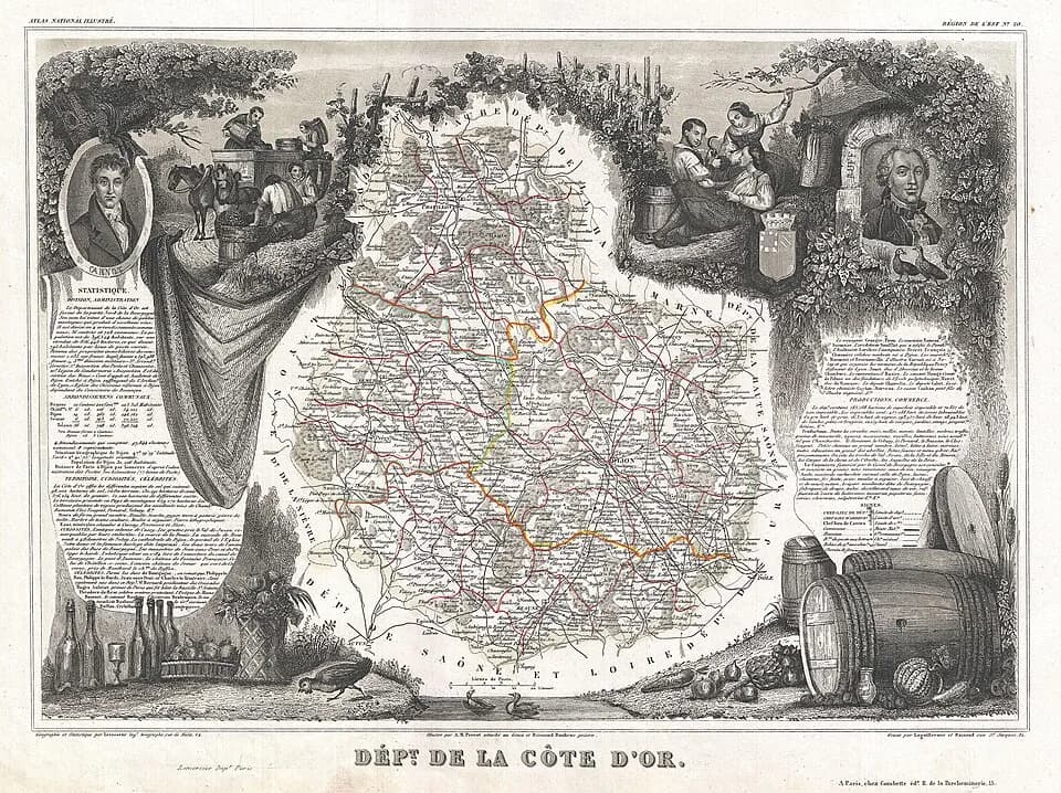 Georges-Louis Leclerc, Comte de Buffon - This is a fascinating 1857 map of the French department of Cote D’Or, France. Part of France's Burgundy or Bourgogne wine region, a premier wine-growing regio