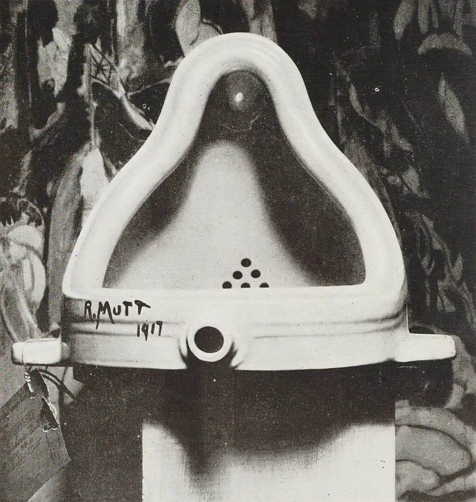 Marcel Duchamp - Urinal "readymade" signed R. Mutt; early example of "Dada" art. A paradigmatic example of found-art. Photograph by Alfred Stieglitz. Captions read: "Fountain by R. Mutt, Photograph by