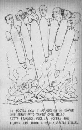 Primo Levi - Sketch by Eugenio Gentili Tedeschi (EGT) of his friends. From the left - EGT, Carla Consonni, Silvio Ortona, Ada Della Torre, Primo Levi, Wanda Maestro, Emilio Diena. Caption reads, "Our