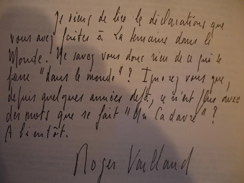 André Breton - Signed letter (draft?) of Roger Vailland to André Breton, remembering surrealism and the "cadavres exquis" (excellent corpses, method for group work of surrealist artists or poets). Pub