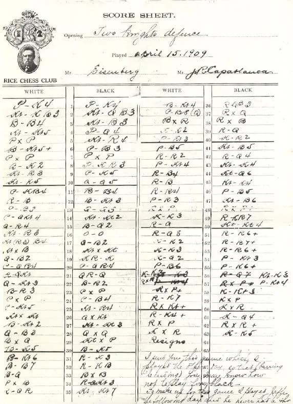 José Raúl Capablanca - Capablanca and Eisengerg's score sheet (uma planilha de notação de Capablanca e Eisenberg).