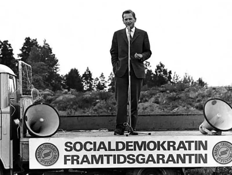 Olof Palme - Olof Palme giving a speech on a truck, where is unclear. The Almedalen park in Visby has been suggested, but that is highly unlikely, as the background does not match (there are no pine t