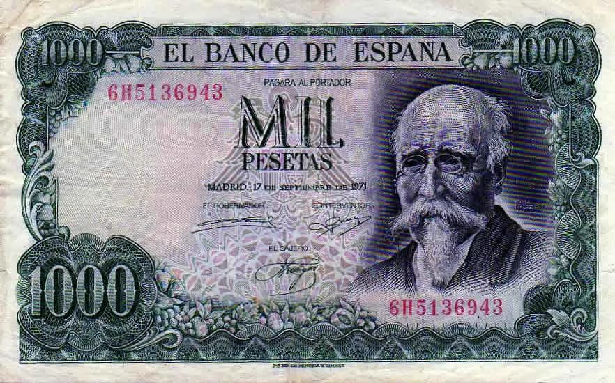 José Echegaray - Billet de 1 000Pesetas (1971) Dimensions 153 x 94 mm. (Espagne). Recto: José de Echegaray y Eizaguirre.