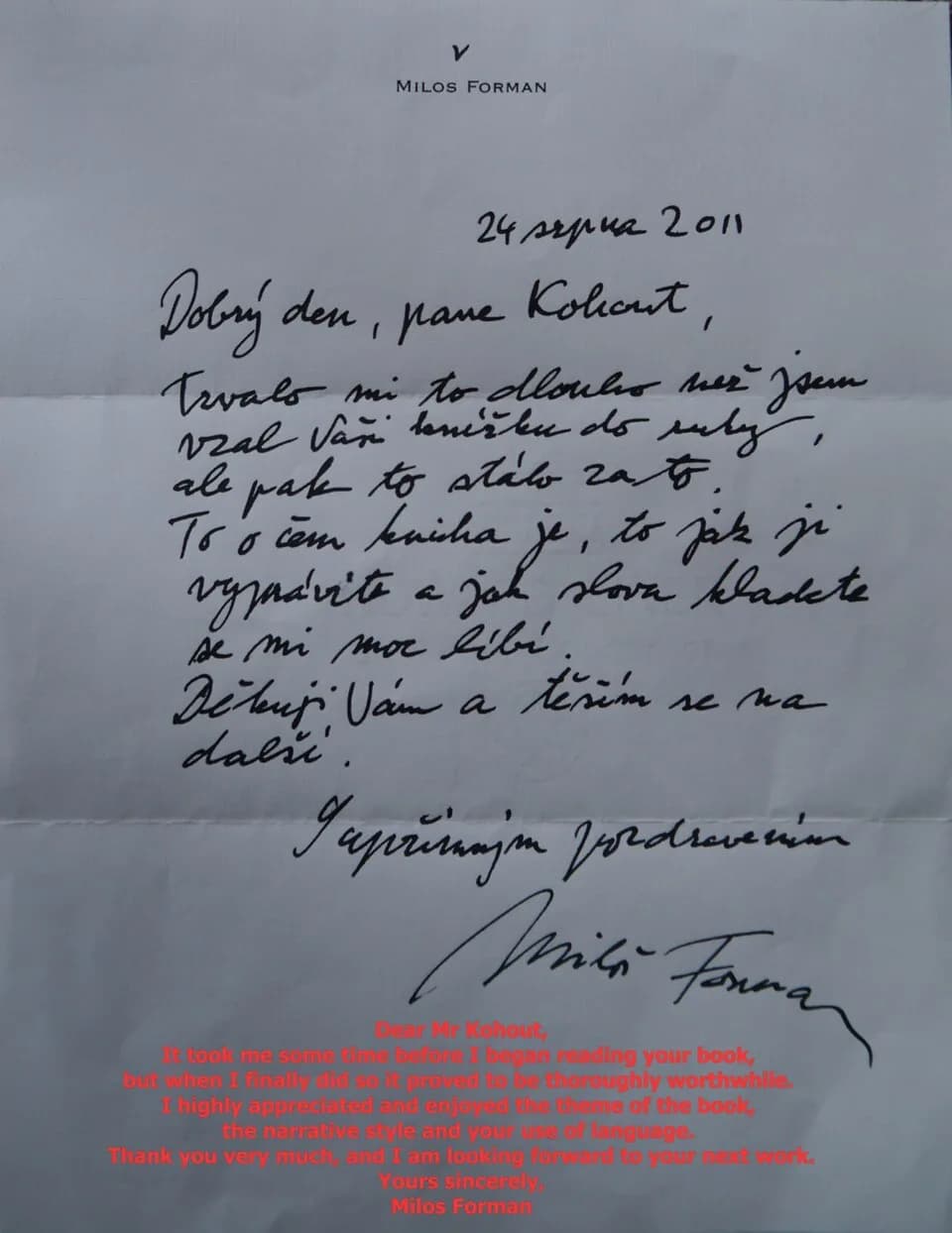 Miloš Forman - A letter by Milos Forman to Milan Kohout praising his book.