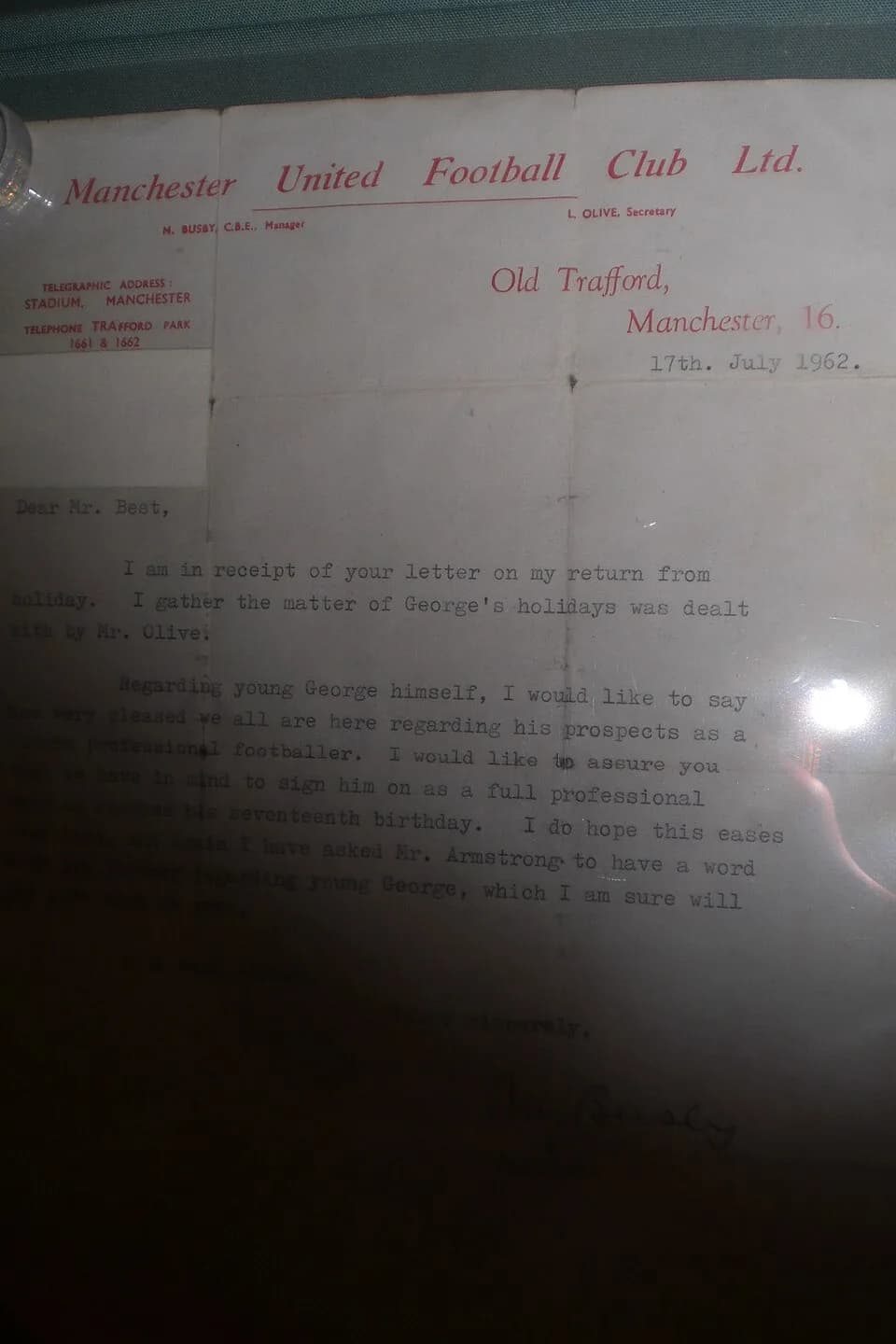 George Best - Letter from Sir Matt Busby regarding G. Best, dated 17th july 1962. Fount in United museum at Old Trafford.